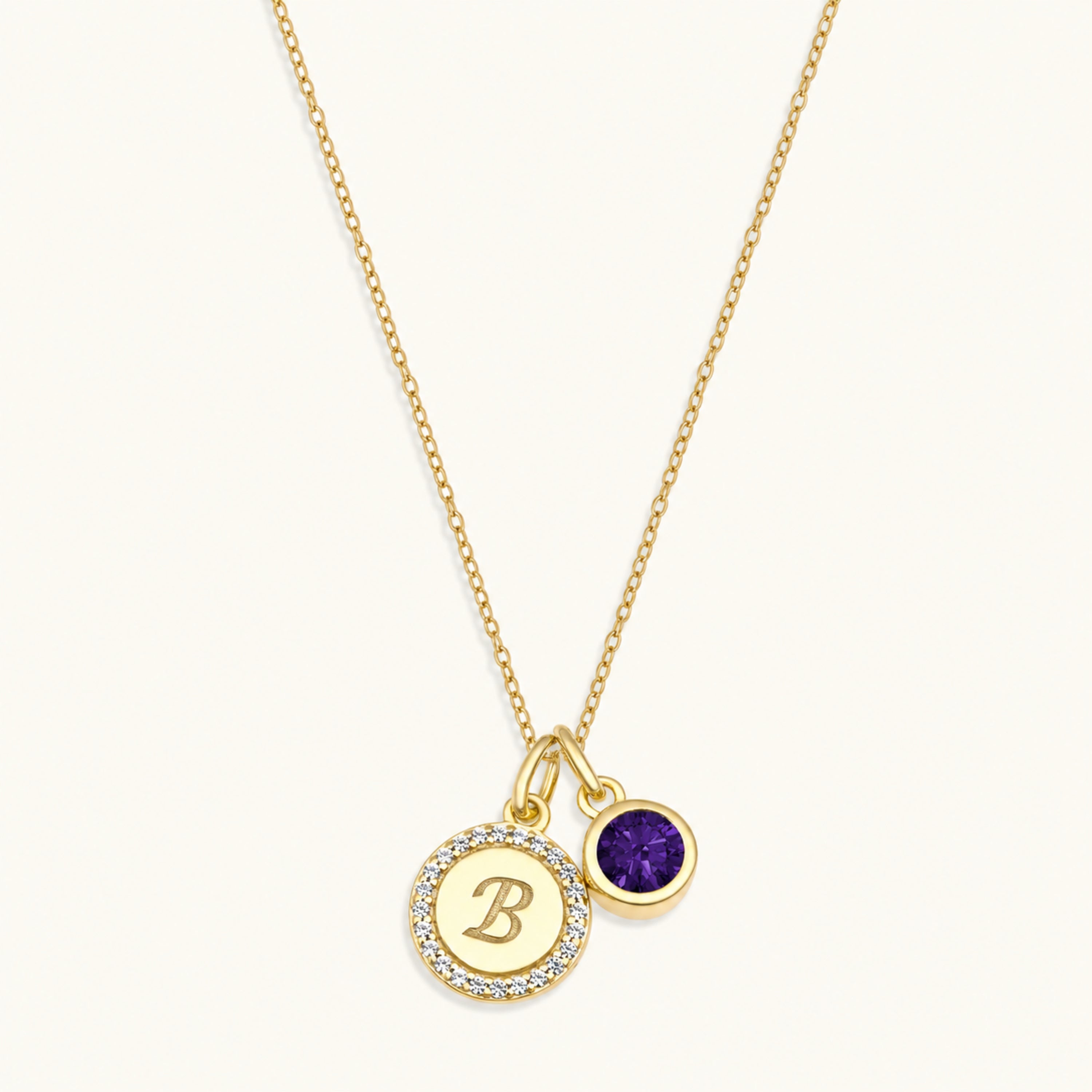 10k Letter Disc & Bezel Set Birthstone Necklace