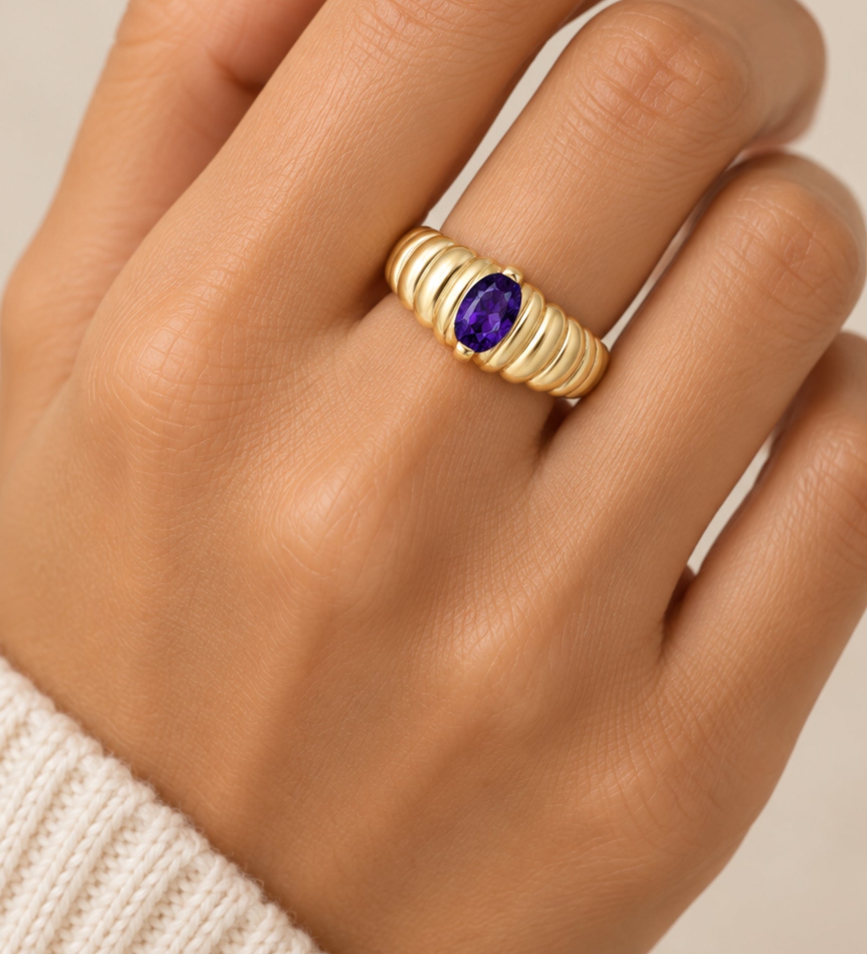 10k Ribbed Dome Birthstone Ring