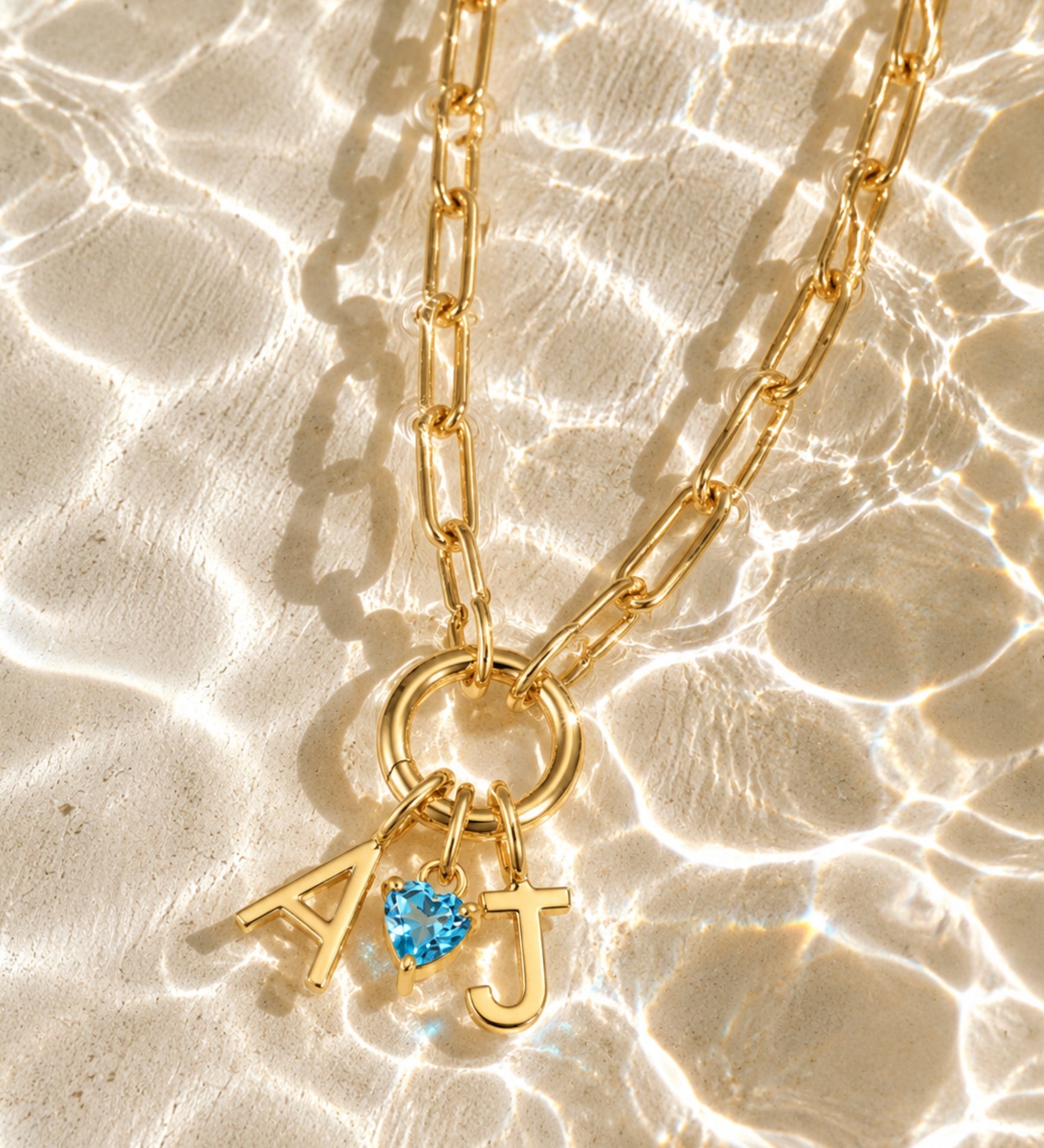 10k Initials & Stone Heart Charm Paperclip Chain Necklace