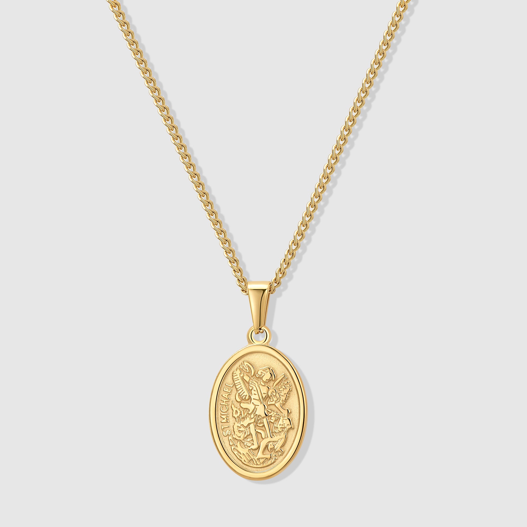 Gold Plated Saint Michael Archangel Pendant Necklace - 30 Inch 6mm Cuban Chain