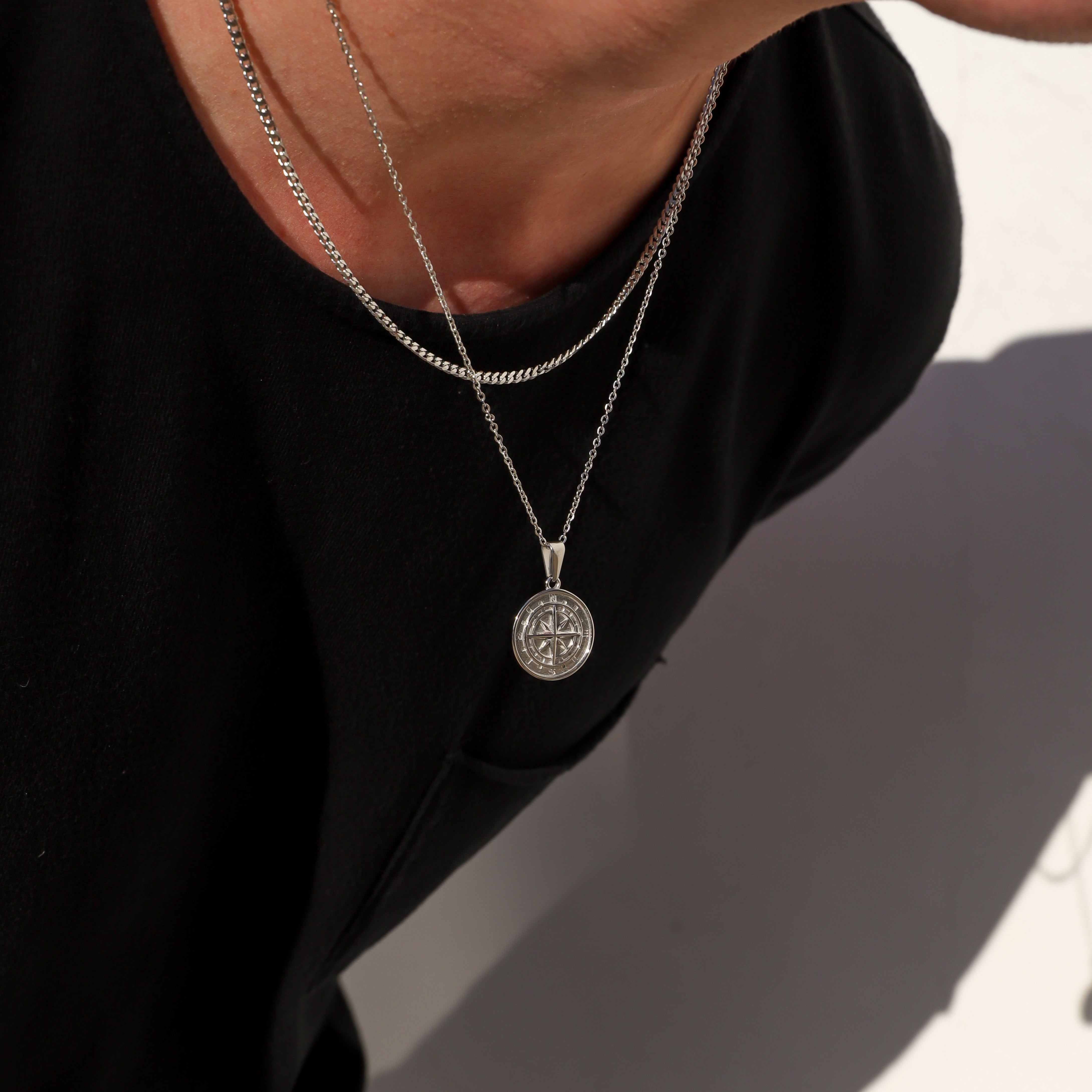 Compass Necklace Silver Set